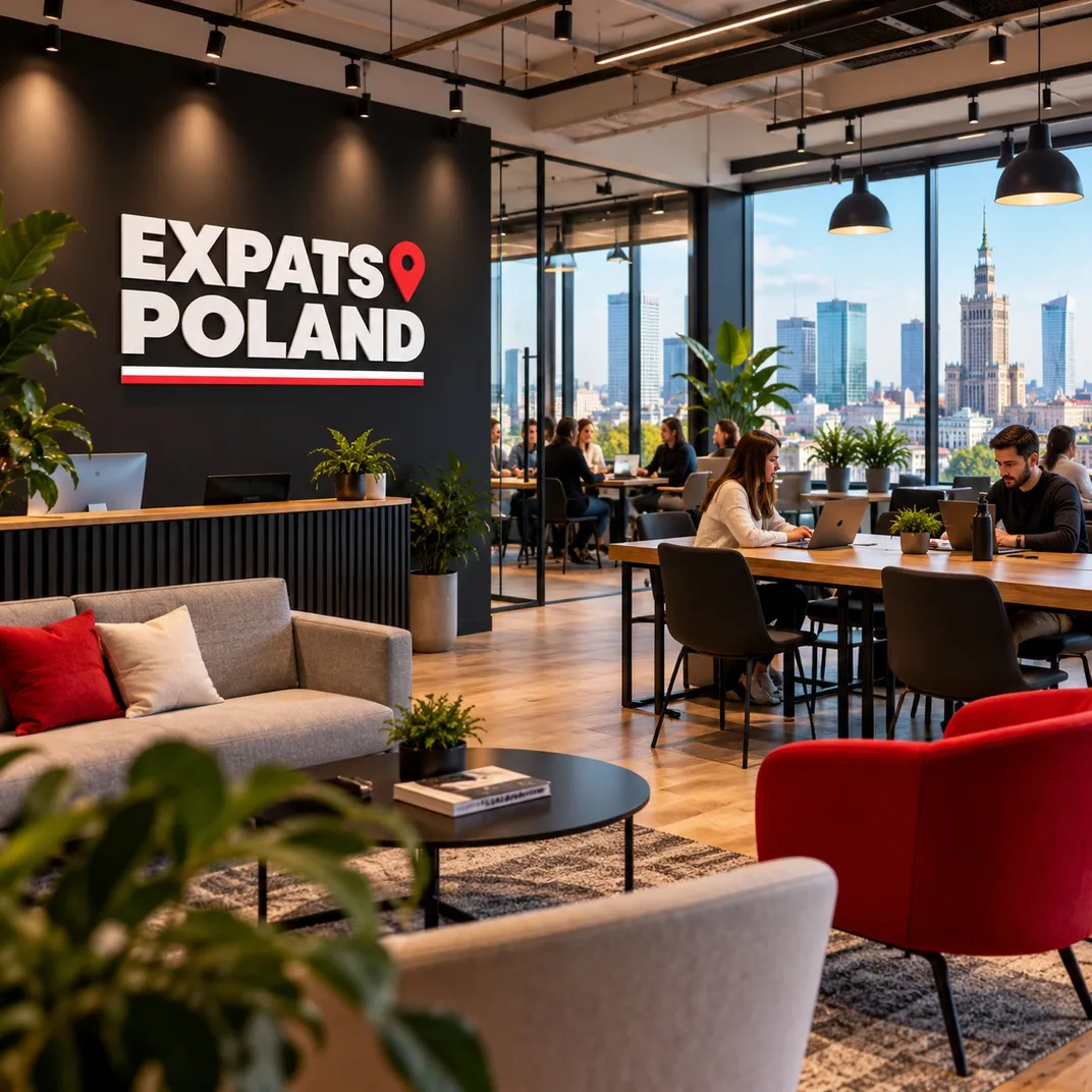 The Expats Poland community space: people working and chatting at shared tables, the Expats Poland logo on the wall, Warsaw skyline in the windows