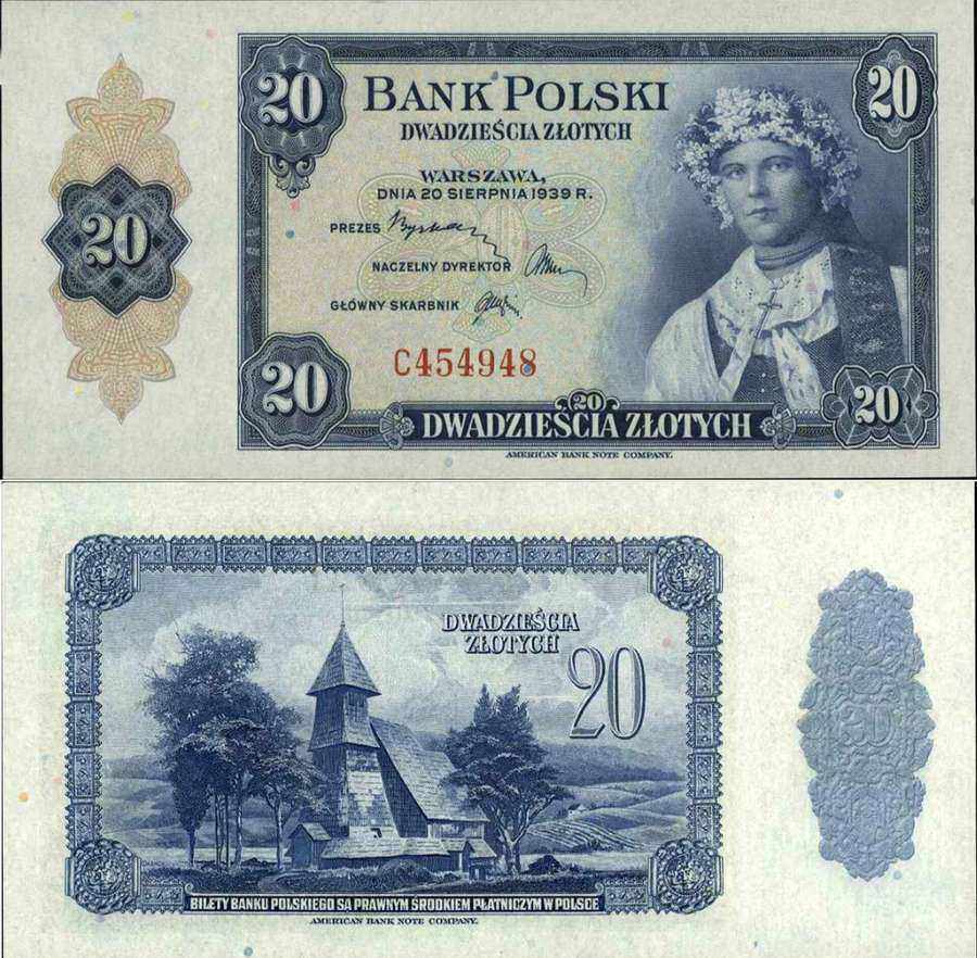 A 1939 Polish 20 zloty banknote - the zloty trades freely and kantors must be registered