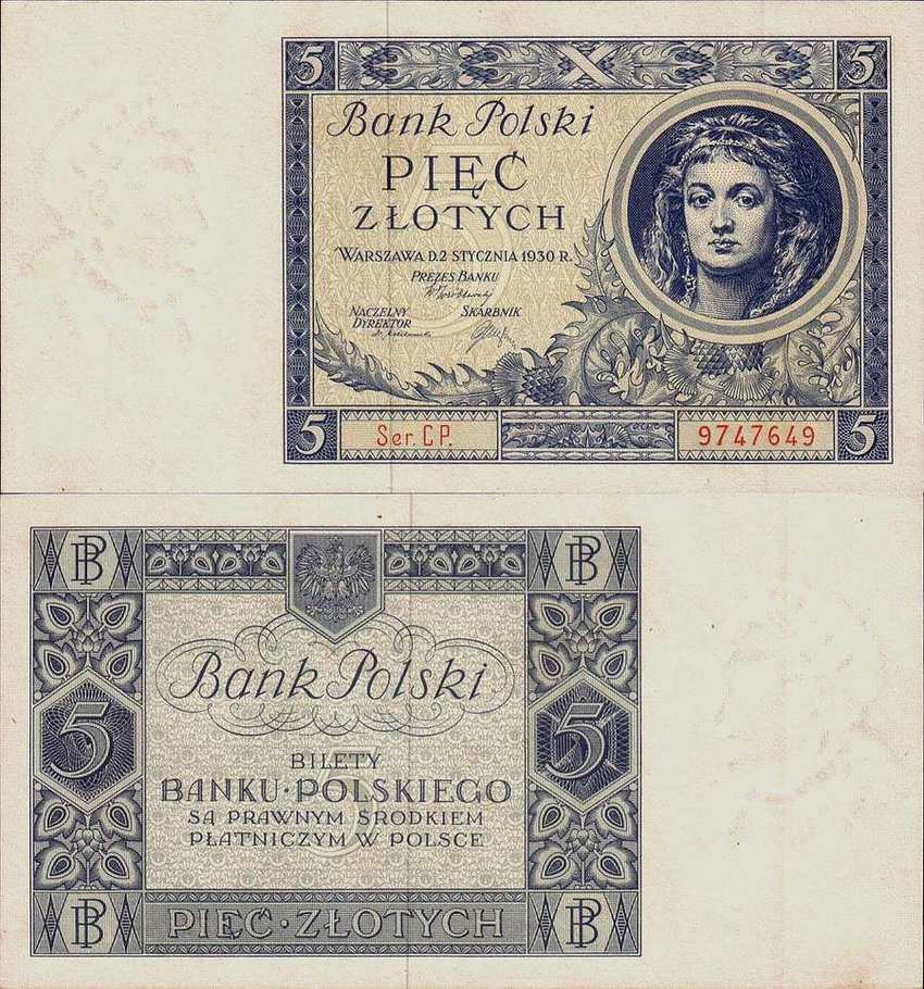 A 5 zloty banknote from 1930, when the zloty was barely a decade old