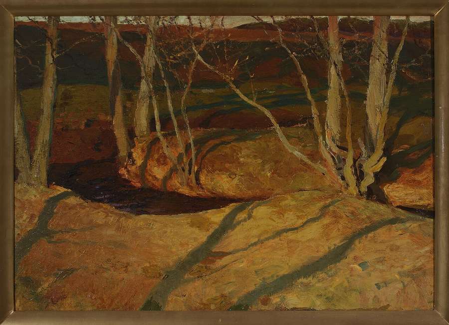 Autumn landscape at sunset, painting by Ferdynand Ruszczyc
