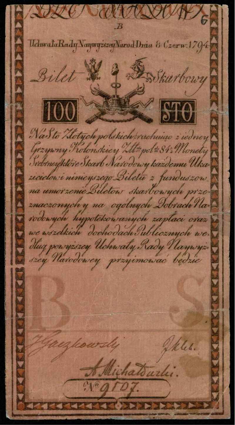A 100 zloty banknote from the Kosciuszko Uprising era, 1794