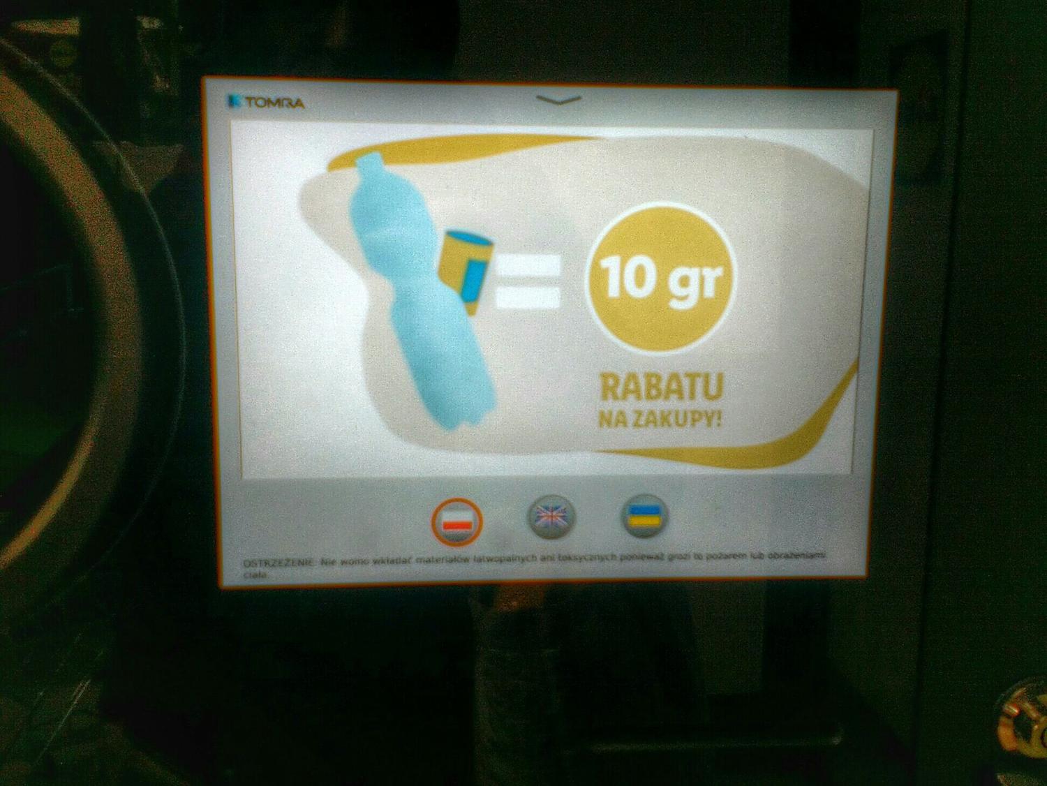 A bottle-return machine screen in Poland